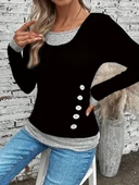 Kadın Uzun Kollu Yuvarlak Yaka Blok Renkli Yandan Düğmeli Viskon Bluz thumbnail 1