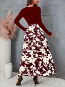 Kadın Uzun Kollu Yaka Açık üst Kaşkorse Beli Kuşaklı Alt çiçek Baskılı Dalgıç Elbise thumbnail 4
