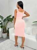 Kadın Askılı önü Düğmeli Midi Kaşkorse Elbise thumbnail 3