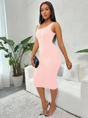 Kadın Askılı önü Düğmeli Midi Kaşkorse Elbise thumbnail 4