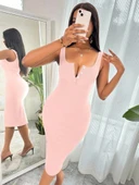 Kadın Askılı önü Düğmeli Midi Kaşkorse Elbise thumbnail 1