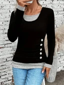 Kadın Uzun Kollu Yuvarlak Yaka Blok Renkli Yandan Düğmeli Viskon Bluz thumbnail 2