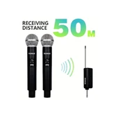Profesyonel Çiftli Kablosuz Mikrofon Seti Karaoke Şarj Edilebilir 50 Metre Mesafe - 1