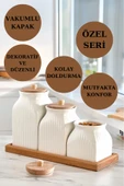 4'Lü Standlı Vakumlu Ahşap Kapaklı Beyaz Kavanoz Seti Takımı Baharat Çay Tuz Şeker Kahve Kavanozu - 3