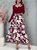 Kadın Uzun Kollu Yaka Açık üst Kaşkorse Beli Kuşaklı Alt çiçek Baskılı Dalgıç Elbise thumbnail 1