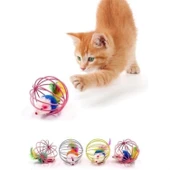 Buffer® Renkli Metal Kafesli Peluş Fareli Kedi Köpek Oyuncağı Oyun Topu 6 Cm - 4