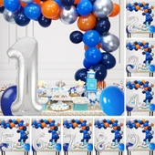 Kozmik Temalı Doğum Günü Seti Kozmik Mavi Turuncu Gümüş Mavi Balonlar Gümüş Folyo Rakam - 1