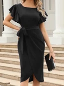 Kadın Kısa Fırfır Kollu Yakası Açık Belden Kuşaklı çapraz Kesim Detaylı Ithal Krep Elbise thumbnail 3