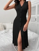 Kadın V Yakalı önden Düğmeli Kaşkorse Elbise thumbnail 6