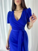 Kadın Kruvaze Yaka Midi Boy Kuşaklı Krep Elbise 120 Cm thumbnail 7