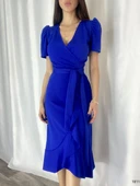 Kadın Kruvaze Yaka Midi Boy Kuşaklı Krep Elbise 120 Cm thumbnail 6