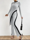 Kadın Uzun Kollu Bisiklet Yaka Asimetrik Kesim Bluz şardonlu Kaşkorse Bluz Ve Pantolon Ikili Takım thumbnail 1