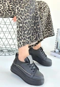 Leope Siyah Cilt Bağcıklı Kadın Spor Ayakkabı - 3
