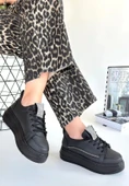 Leope Siyah Cilt Bağcıklı Kadın Spor Ayakkabı - 1