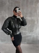 Beli büzgülü crop deri ceket siyah - 5