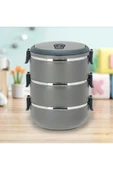 Penguen kulplu çelik sefer tası - yemek termosu saklama kabı 3 katlı gri thumbnail 1