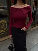 Kelebek yaka uzun kol bluz bordo - 3