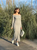 Madonna yaka uzun elbise şardonlu kumaş gri w3753 thumbnail 7