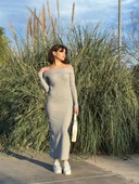 Madonna yaka uzun elbise şardonlu kumaş gri w3753 thumbnail 8