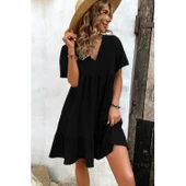 Lucky Life Kadın Kısa Kollu Yakası Bağcıklı önden Düğmeli Fırfır Desenli Süprem Elbise - 5