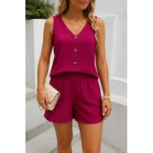 Lucky Life Kadın Askılı Kolsuz V Yakalı önden Düğmeli Bürümcük Bluz Ve Short Ikili Takım - 4
