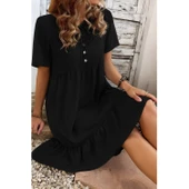 Lucky Life Kadın Kısa Kollu Yakası Bağcıklı önden Düğmeli Fırfır Desenli Süprem Elbise - 2