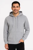Erkek Üç İplik Kapüşonlu Tam Fermuarlı Kanguru Çepli SweatShirt Hoodie - Gri thumbnail 1