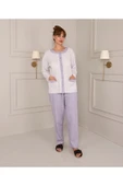 AYSUN TEKSTİL % 100 PAMUK GENİŞ KESİM ÖNDEN KOMPLE DÜĞMELİ KALPLİ DESENLİ KADIN PİJAMA TAKIMI. thumbnail 1