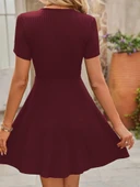Kadın Kısa Kollu Kruvaze Yaka A Kesim Kalın Fitilli Kaşkorse Elbise thumbnail 5