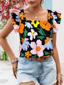 Kadın Kısa Fırfır Kollu Kare Yaka çiçek Desenli Ithal Keten Bluz thumbnail 3