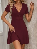 Kadın Kısa Kollu Kruvaze Yaka A Kesim Kalın Fitilli Kaşkorse Elbise thumbnail 2