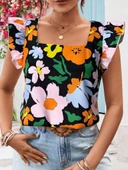 Kadın Kısa Fırfır Kollu Kare Yaka çiçek Desenli Ithal Keten Bluz thumbnail 4