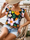 Kadın Kısa Fırfır Kollu Kare Yaka çiçek Desenli Ithal Keten Bluz thumbnail 5