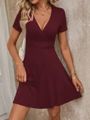 Kadın Kısa Kollu Kruvaze Yaka A Kesim Kalın Fitilli Kaşkorse Elbise thumbnail 3