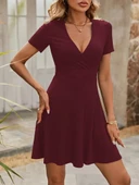 Kadın Kısa Kollu Kruvaze Yaka A Kesim Kalın Fitilli Kaşkorse Elbise thumbnail 4