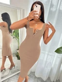 Kadın Askılı önü Düğmeli Midi Kaşkorse Elbise thumbnail 3