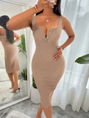 Kadın Askılı önü Düğmeli Midi Kaşkorse Elbise thumbnail 2