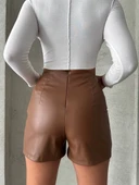 Parçalı cepli deri şort taba w26312 thumbnail 3