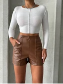 Parçalı cepli deri şort taba w26312 thumbnail 2