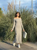 Madonna yaka uzun elbise şardonlu kumaş gri w3753 thumbnail 1