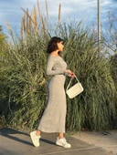 Madonna yaka uzun elbise şardonlu kumaş gri w3753 thumbnail 5