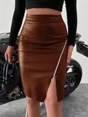 Kadın Yüksek Bel Yandan Fermuarlı Ve Yırtmaçlı Deri Etek - 4