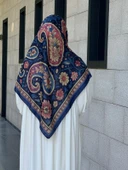 Pamuklu Flora Desen Eşarp-Lacivert - 10