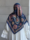 Pamuklu Flora Desen Eşarp-Lacivert - 4