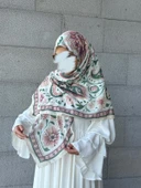 Pamuklu Flora Desen Eşarp-Krem - 5