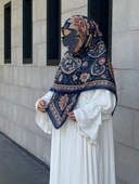 Pamuklu Flora Desen Eşarp-Lacivert - 11