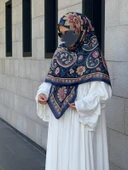 Pamuklu Flora Desen Eşarp-Lacivert - 2