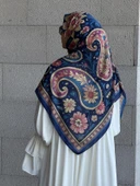 Pamuklu Flora Desen Eşarp-Lacivert - 9