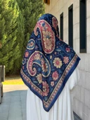 Pamuklu Flora Desen Eşarp-Lacivert - 3