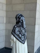 Pamuklu Flora Desen Eşarp-Siyah/Gri - 6